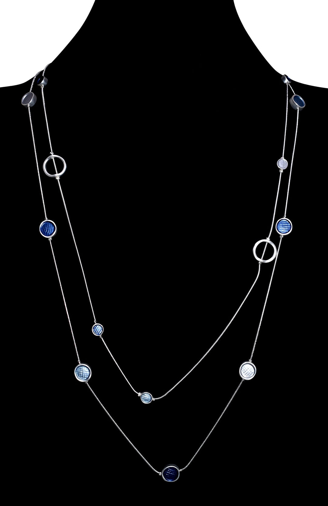 Collier long deux rangs avec insertion de formes circulaires bleu
