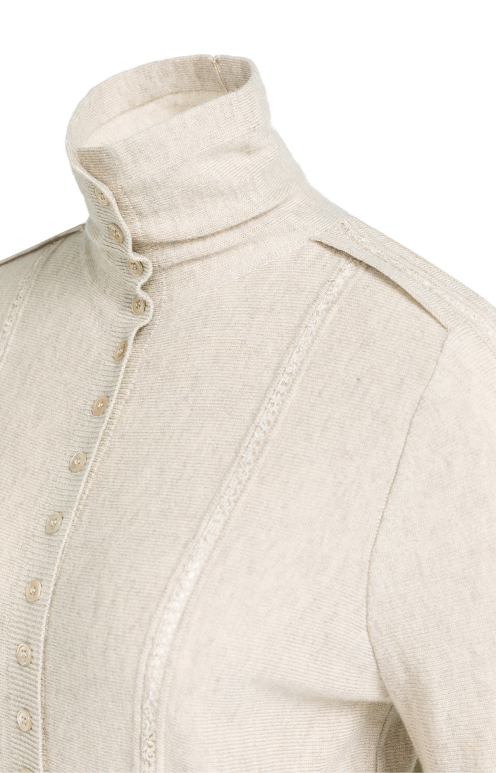 Cardigan ajusté en laine et cachemire à col montant modulable - À détails texturés