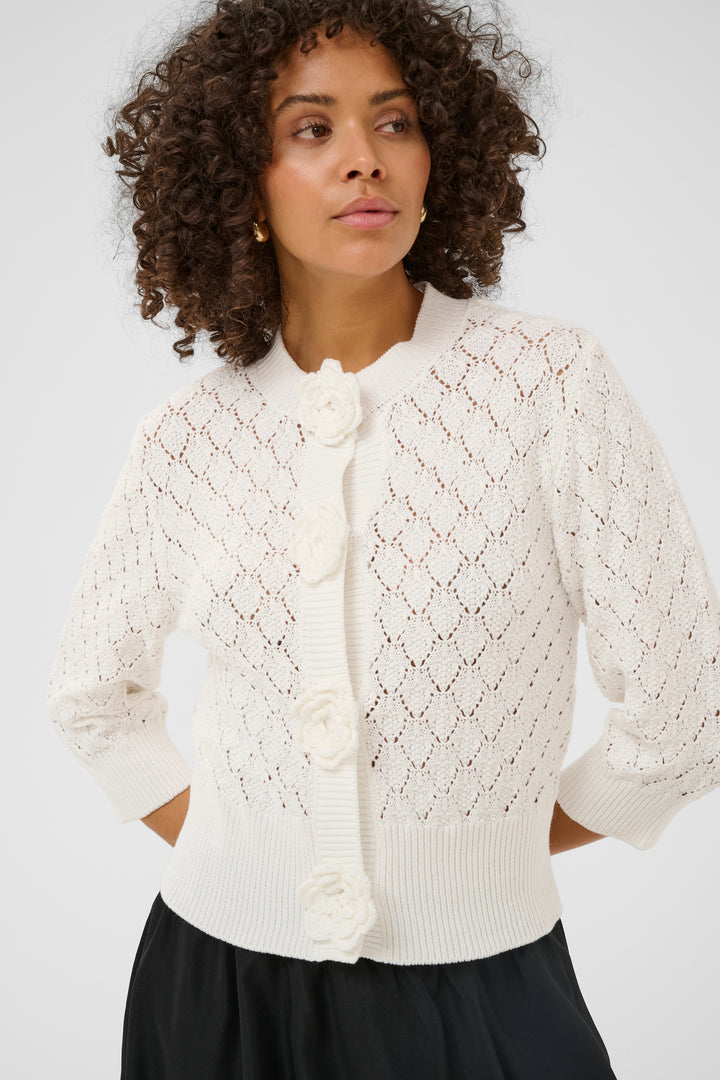 Kathrine Cotton Cardigan – Openwork Knit and Floral Buttons