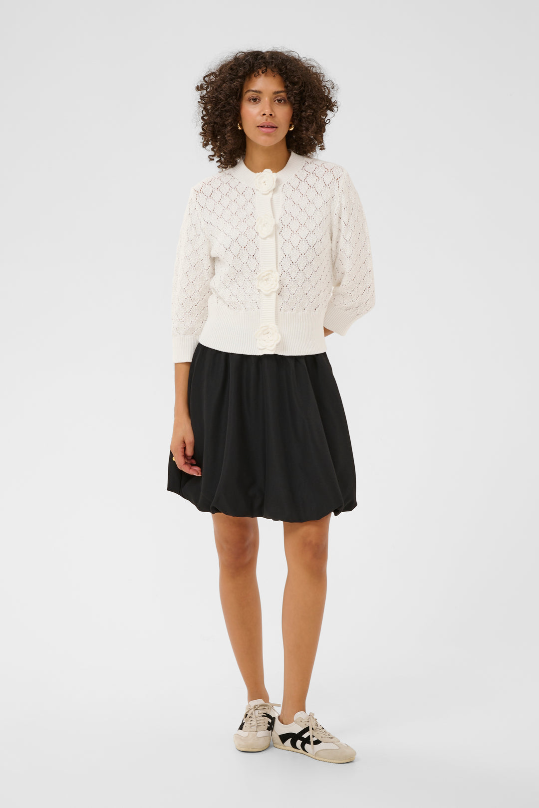 Kathrine Cotton Cardigan – Openwork Knit and Floral Buttons
