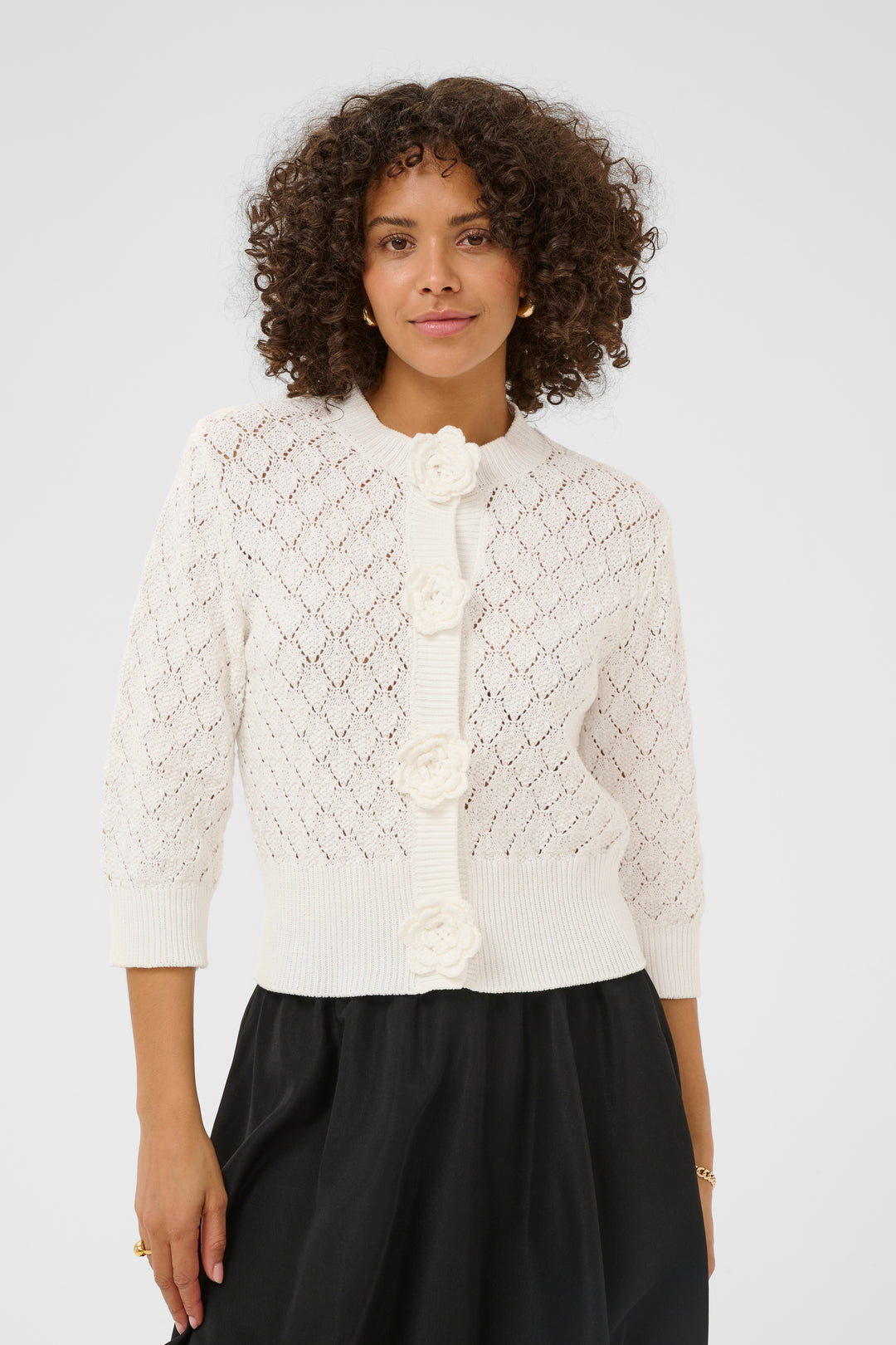 Kathrine Cotton Cardigan – Openwork Knit and Floral Buttons