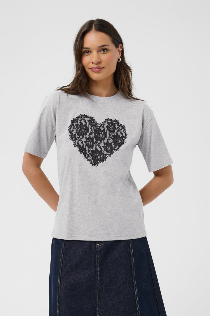 T-shirt décontracté en pur coton Gloria - Avec grand cœur en dentelle noire