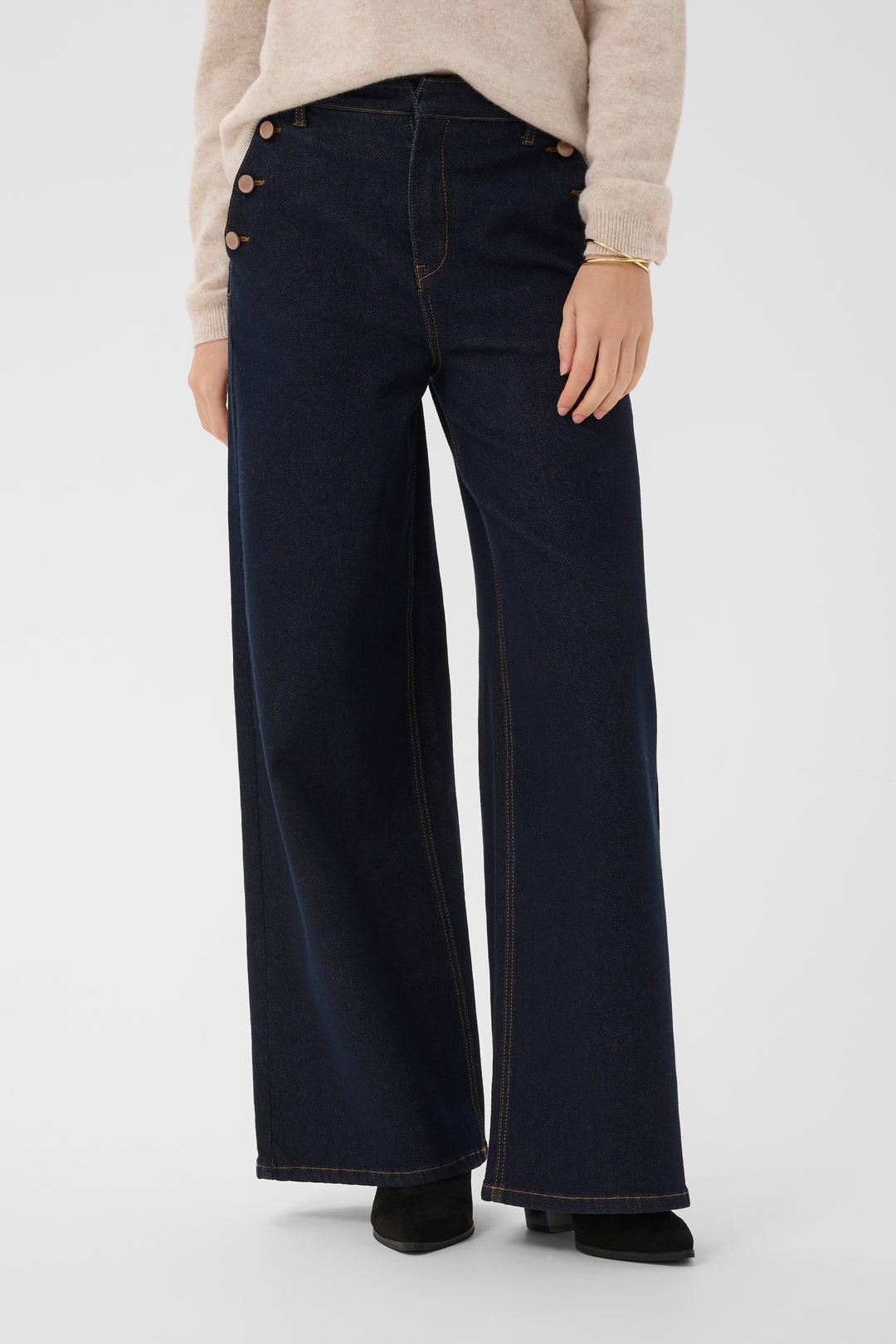 Pantalon avec boutons décoratifs Visti - En denim à jambe large et taille haute