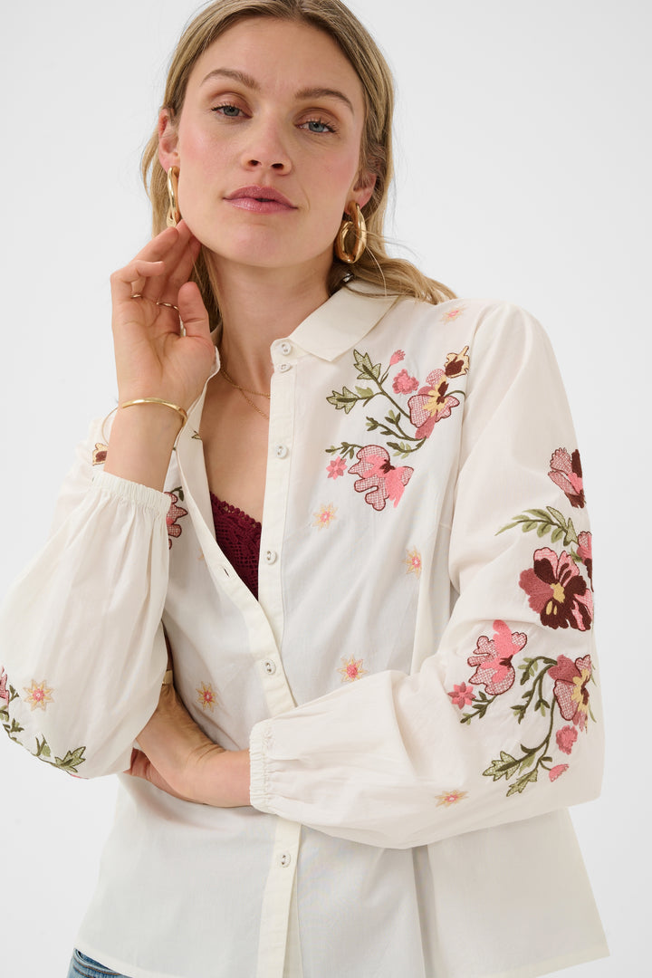 Chemise à manches longues Peona - En coton à broderies florales
