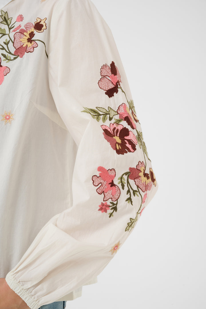 Chemise à manches longues Peona - En coton à broderies florales
