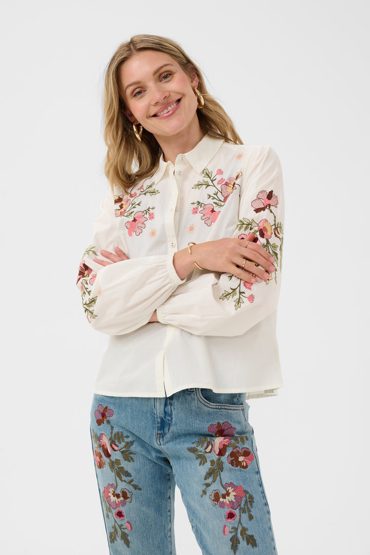 Chemise à manches longues Peona - En coton à broderies florales