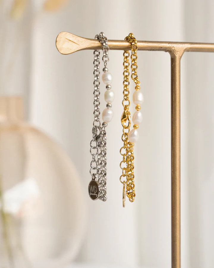 Bracelet délicat orné de trois perles d'eau douce Ivory - Chaîne acier inoxydable