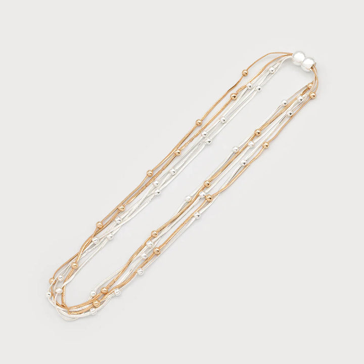 Collier multi-rangs à perles métalliques et fermoir magnétique