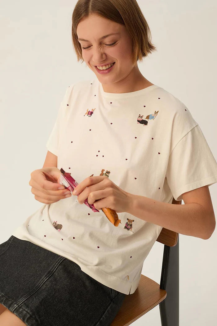 T-shirt imprimé brodé avec cœurs et corgis