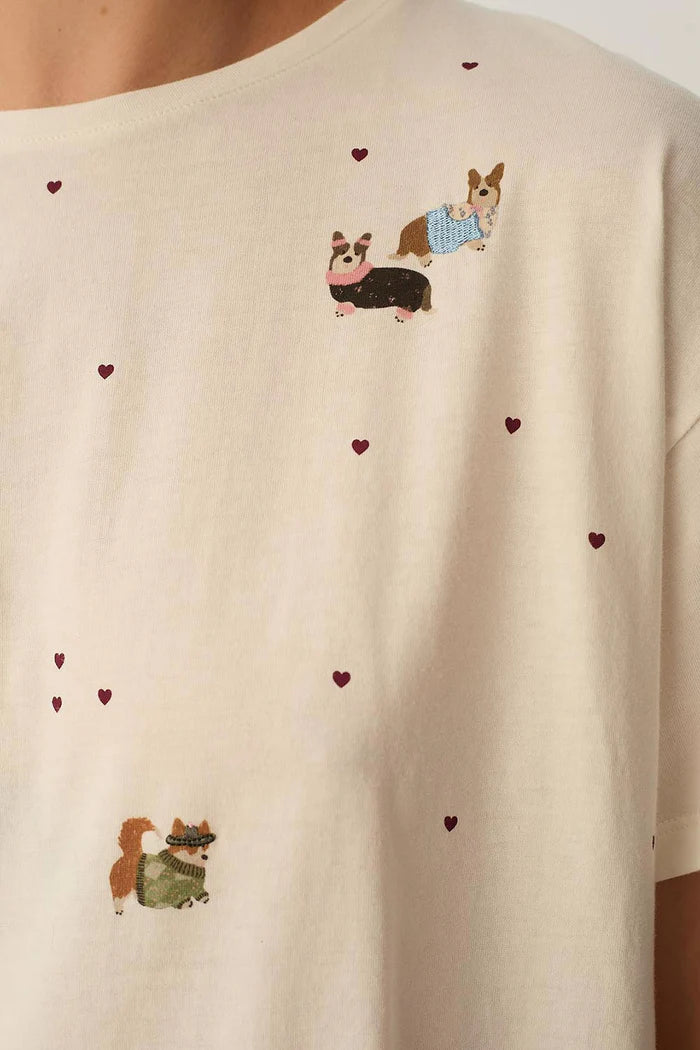 T-shirt imprimé brodé avec cœurs et corgis