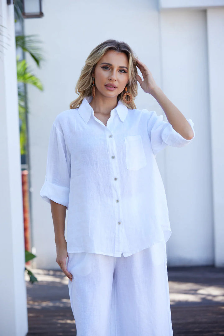 Chemise boutonnée à col classique avec poche Celia - 100% lin