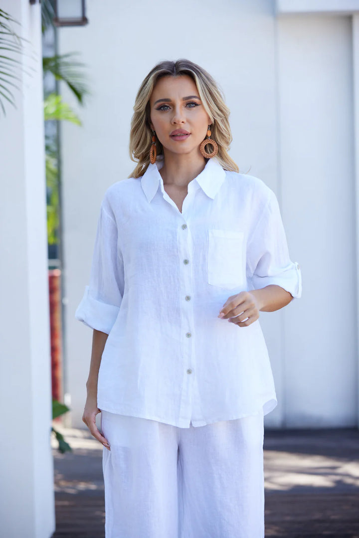 Chemise boutonnée à col classique avec poche Celia - 100% lin