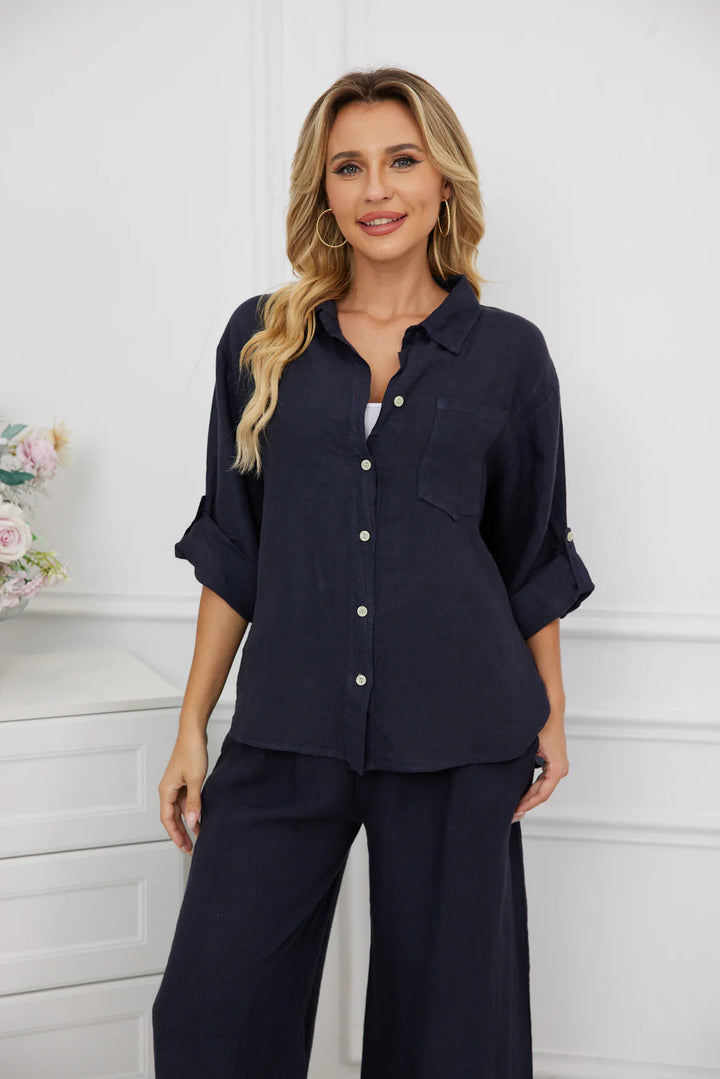 Chemise boutonnée à col classique avec poche Celia - 100% lin