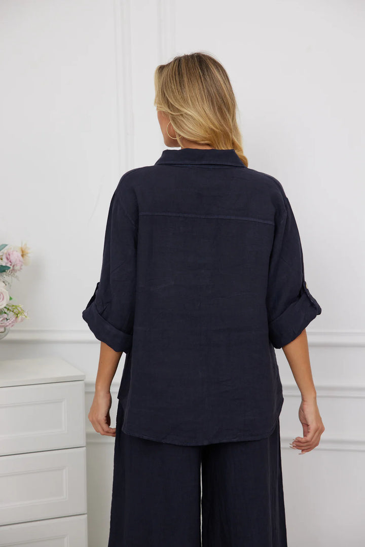 Chemise boutonnée à col classique avec poche Celia - 100% lin