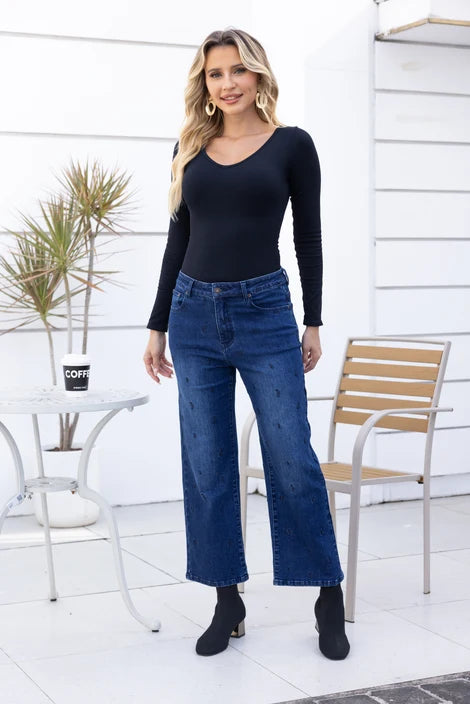 Jeans à coupe droite et brodé -  7/8 à taille haute ajustée