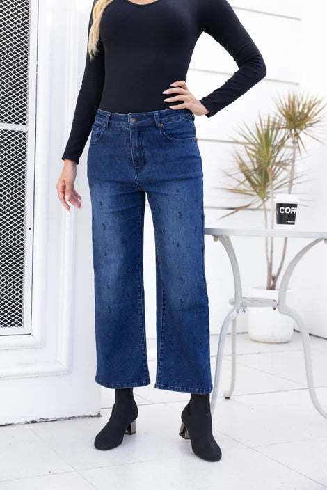 Jeans à coupe droite et brodé -  7/8 à taille haute ajustée