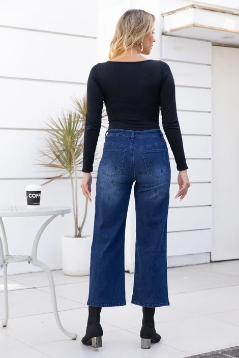 Jeans à coupe droite et brodé -  7/8 à taille haute ajustée
