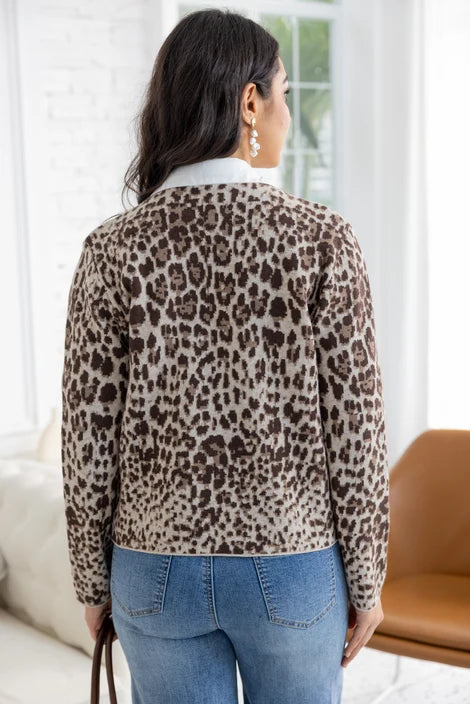 Cardigan boutonnée en maille à motif léopard - À encolure ronde et boutons avant