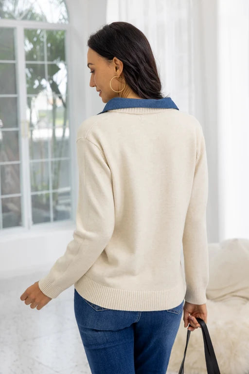 Chandail en tricot à col denim - Style deux-en-un avec encolure en V
