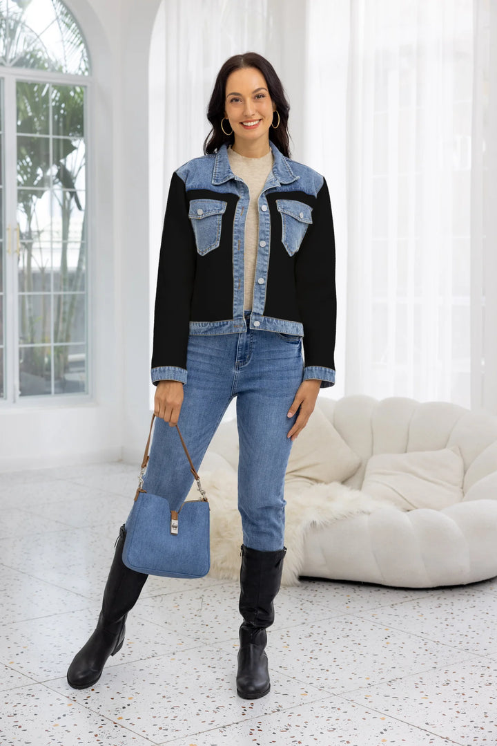 Veste hybride en tricot et denim - Poches poitrines et boutons devant
