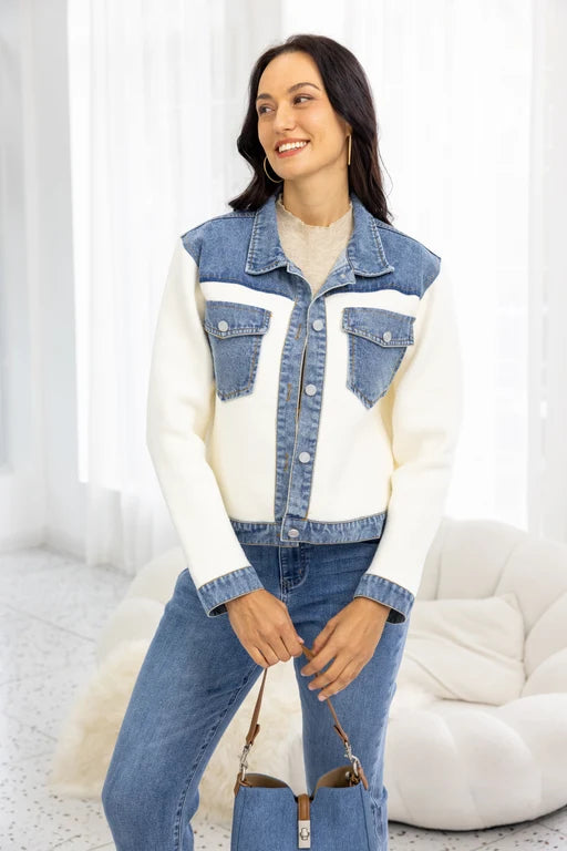 Veste hybride en tricot et denim - Poches poitrines et boutons devant