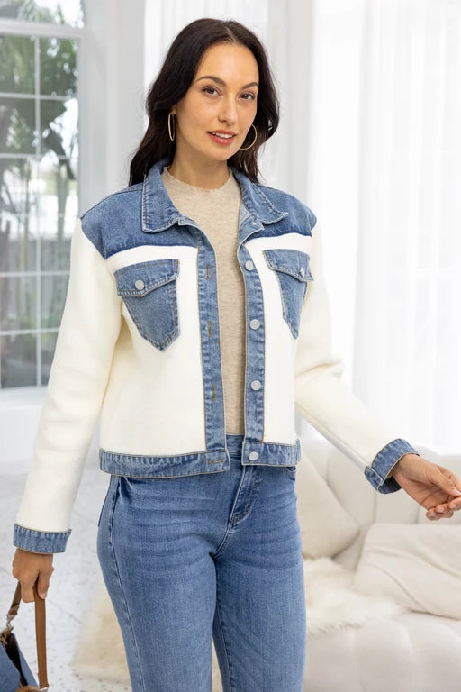 Veste hybride en tricot et denim - Poches poitrines et boutons devant