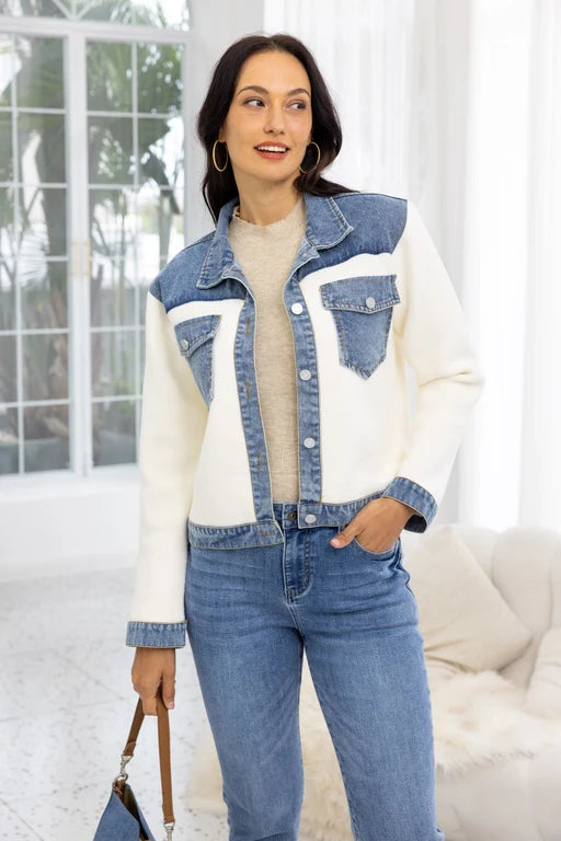 Veste hybride en tricot et denim - Poches poitrines et boutons devant