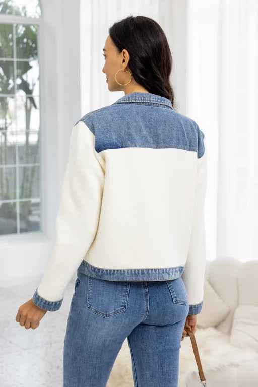 Veste hybride en tricot et denim - Poches poitrines et boutons devant