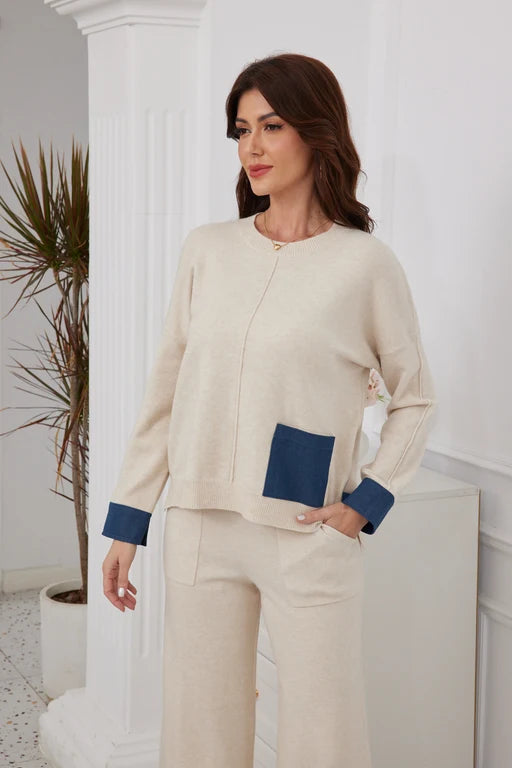 Chandail en tricot avec détails style denim - À col rond et poche appliquée