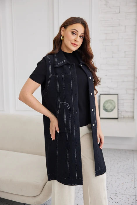 Veste longue sans manches - Structuré à surpiqûres apparentes