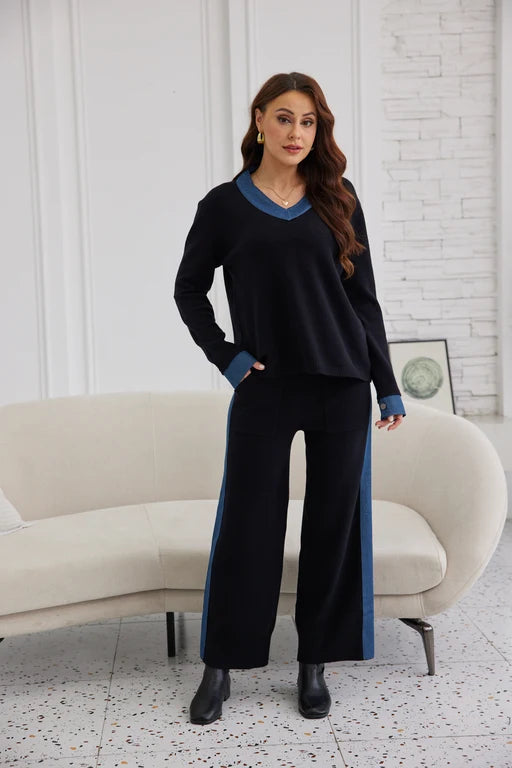 Pantalon en tricot avec bande style denim - Droit avec contraste latéral et poches