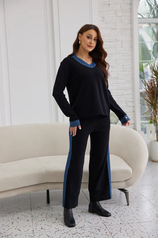 Pantalon en tricot avec bande style denim - Droit avec contraste latéral et poches