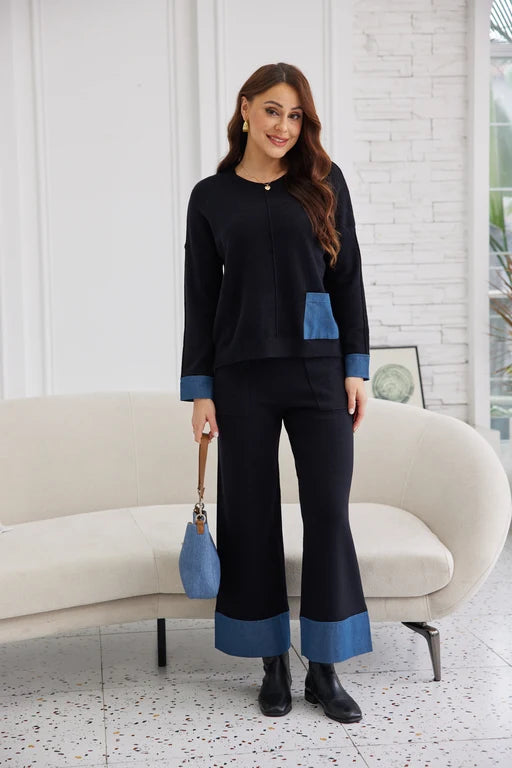 Chandail en tricot avec détails style denim - À col rond et poche appliquée