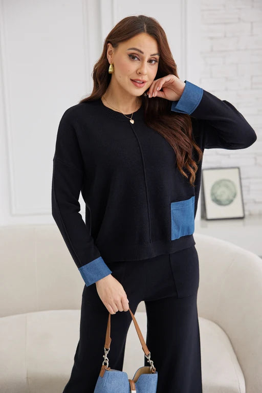 Chandail en tricot avec détails style denim - À col rond et poche appliquée