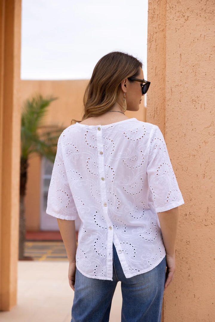 Eva Top – Openwork embroidery and button detail on the back