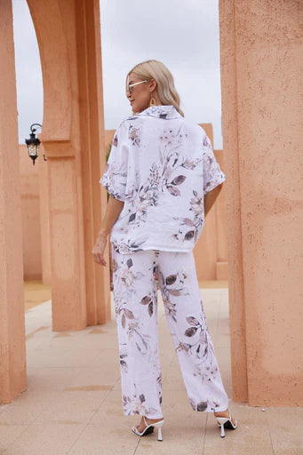 Pantalon imprimé feuilles sépia Sylvie – 100% lin