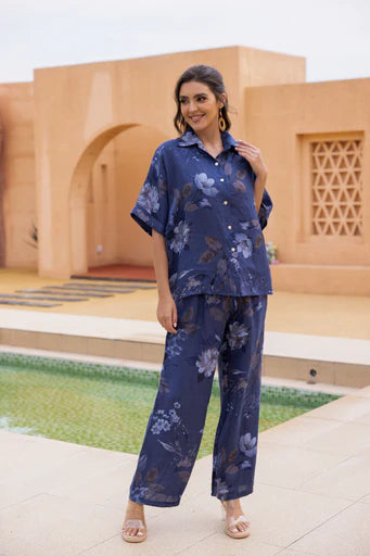 Pantalon imprimé feuilles sépia Sylvie – 100% lin