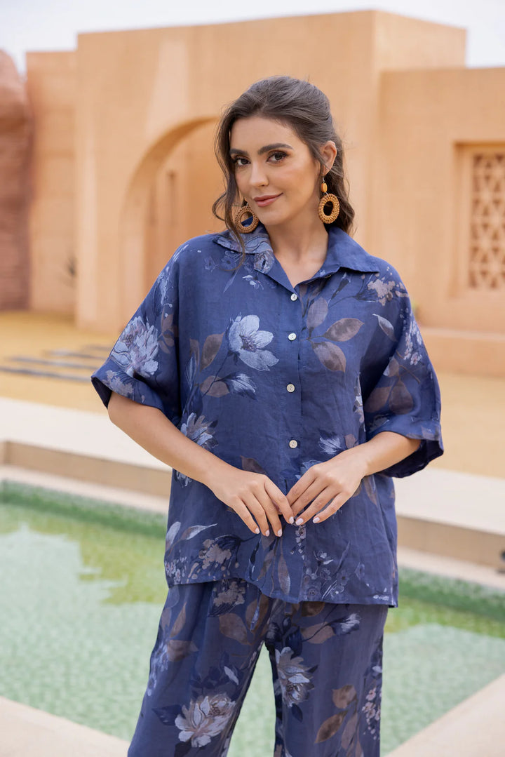 Blouse imprimée feuilles sépia Sylvie – 100% lin