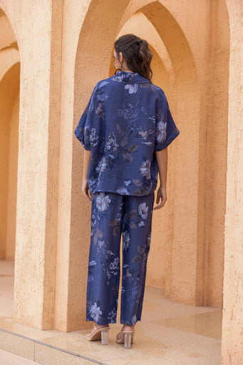 Pantalon imprimé feuilles sépia Sylvie – 100% lin