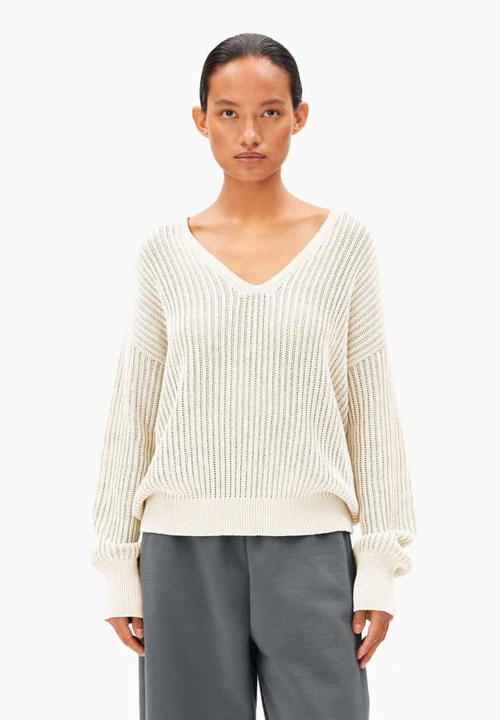 V-neck Ribbed Knit Top - Linen Blend