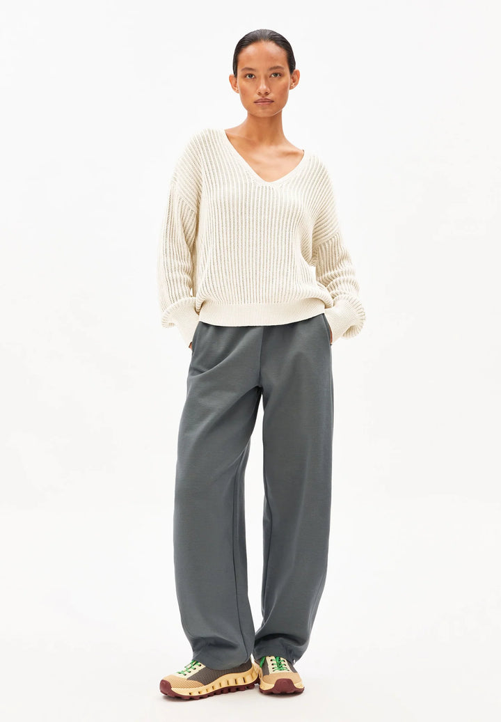 V-neck Ribbed Knit Top - Linen Blend