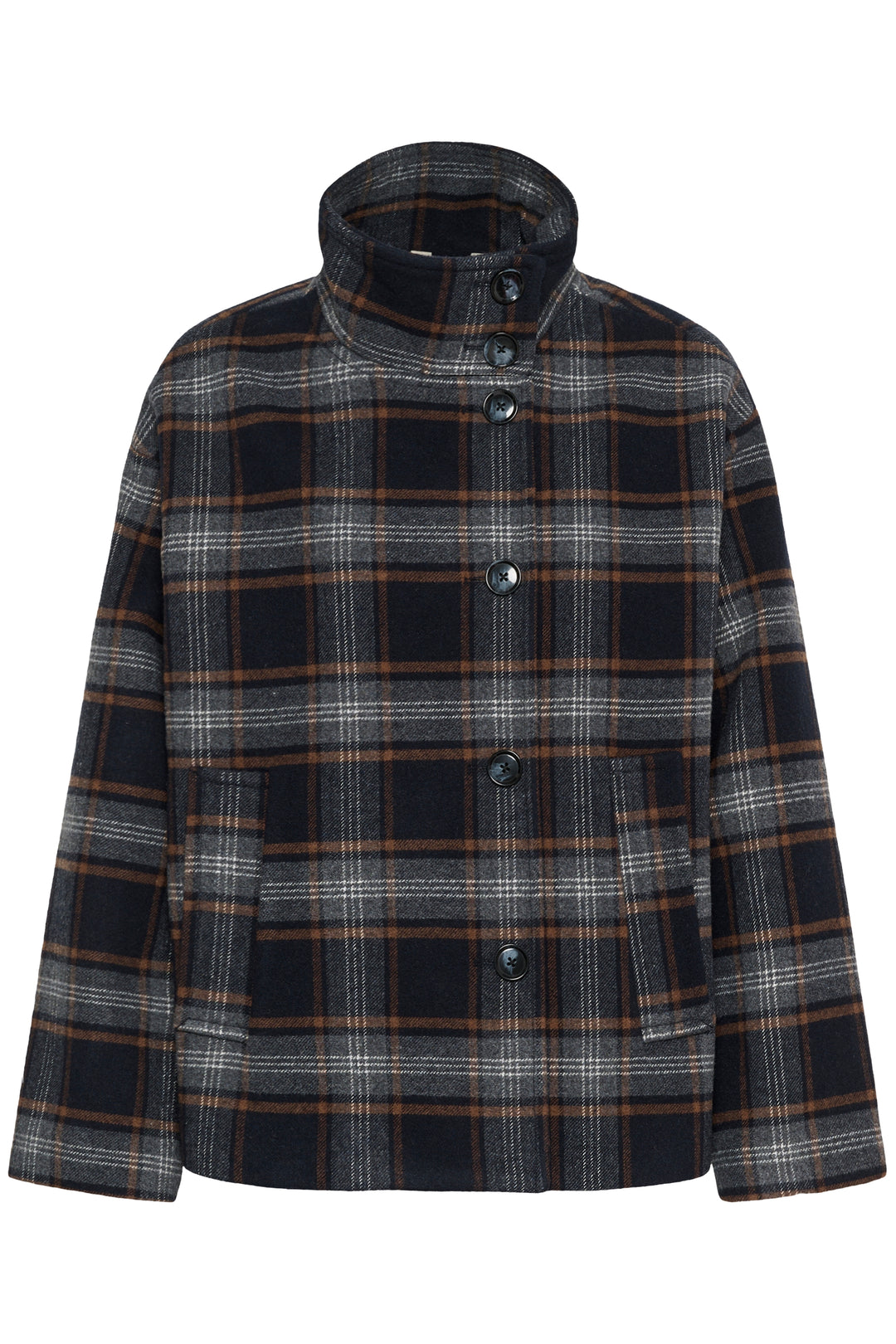 Veste en laine recyclée Celly - Motif à carreaux et col montant structuré