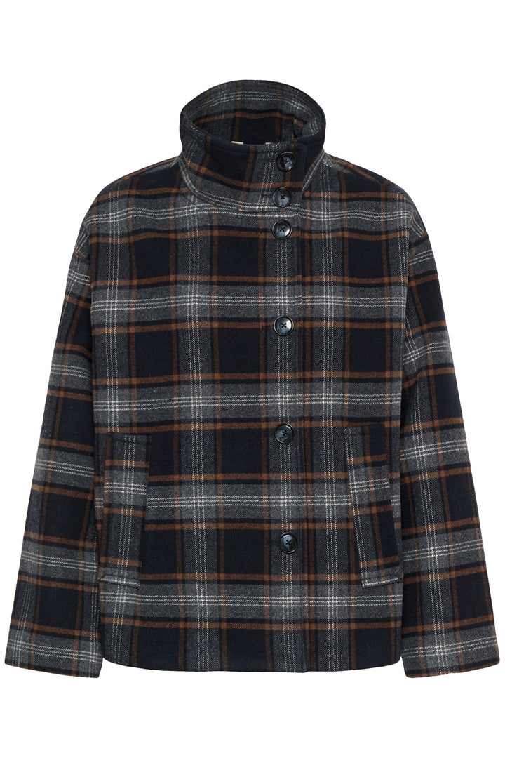 Veste en laine recyclée Celly - Motif à carreaux et col montant structuré