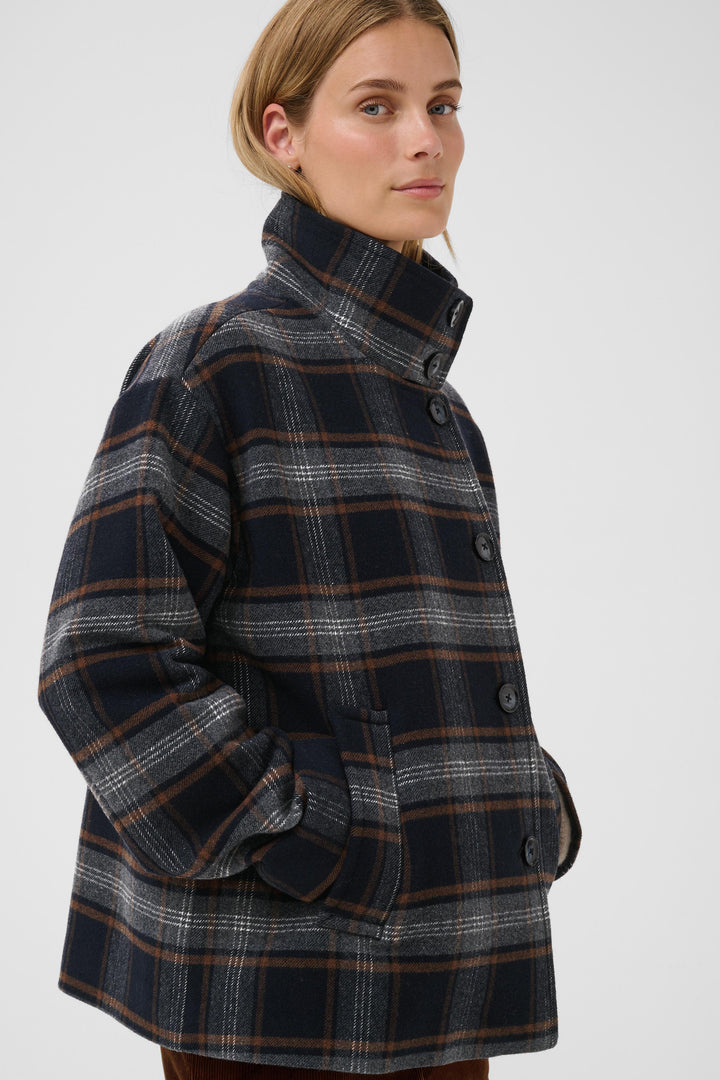 Veste en laine recyclée Celly - Motif à carreaux et col montant structuré