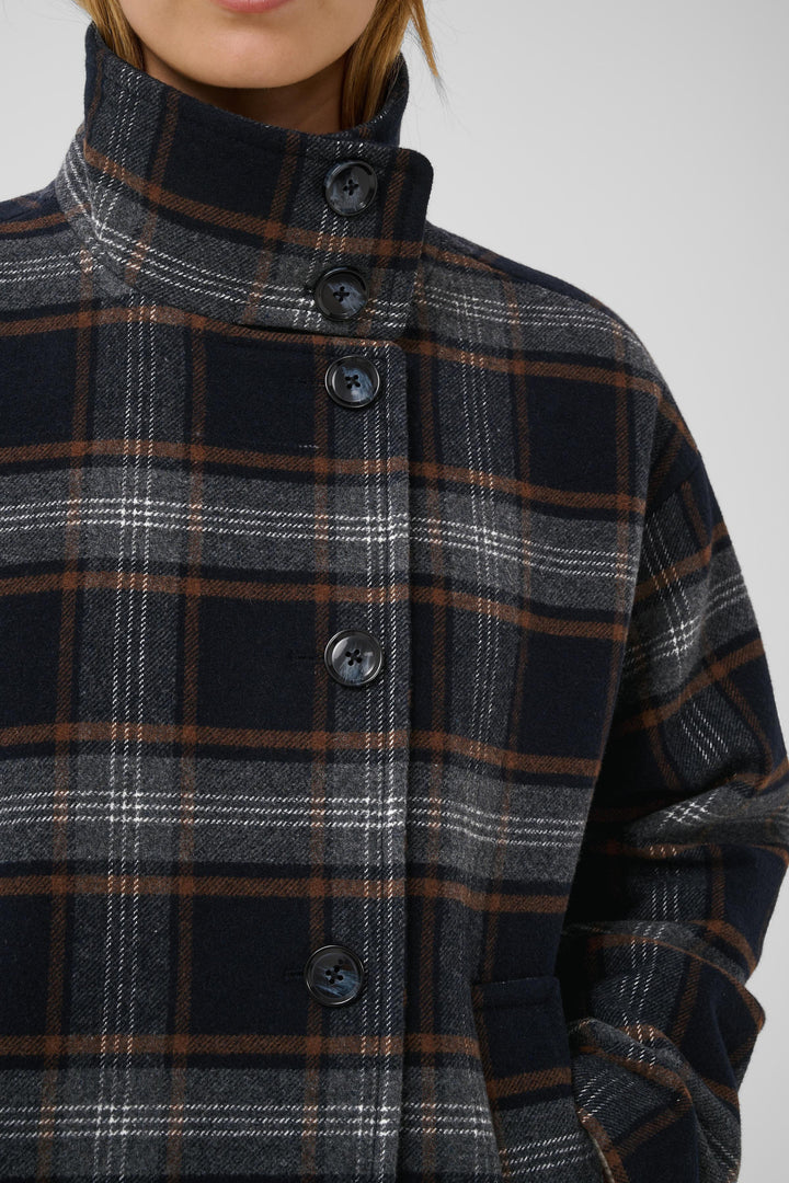 Veste en laine recyclée Celly - Motif à carreaux et col montant structuré