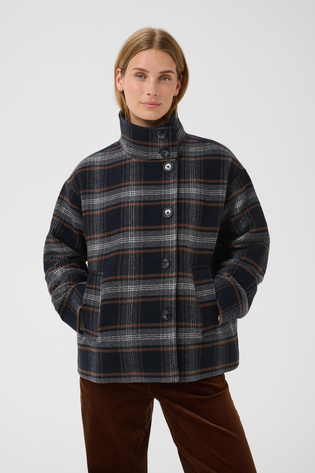 Veste en laine recyclée Celly - Motif à carreaux et col montant structuré