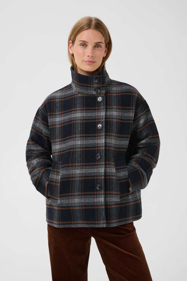 Veste en laine recyclée Celly - Motif à carreaux et col montant structuré