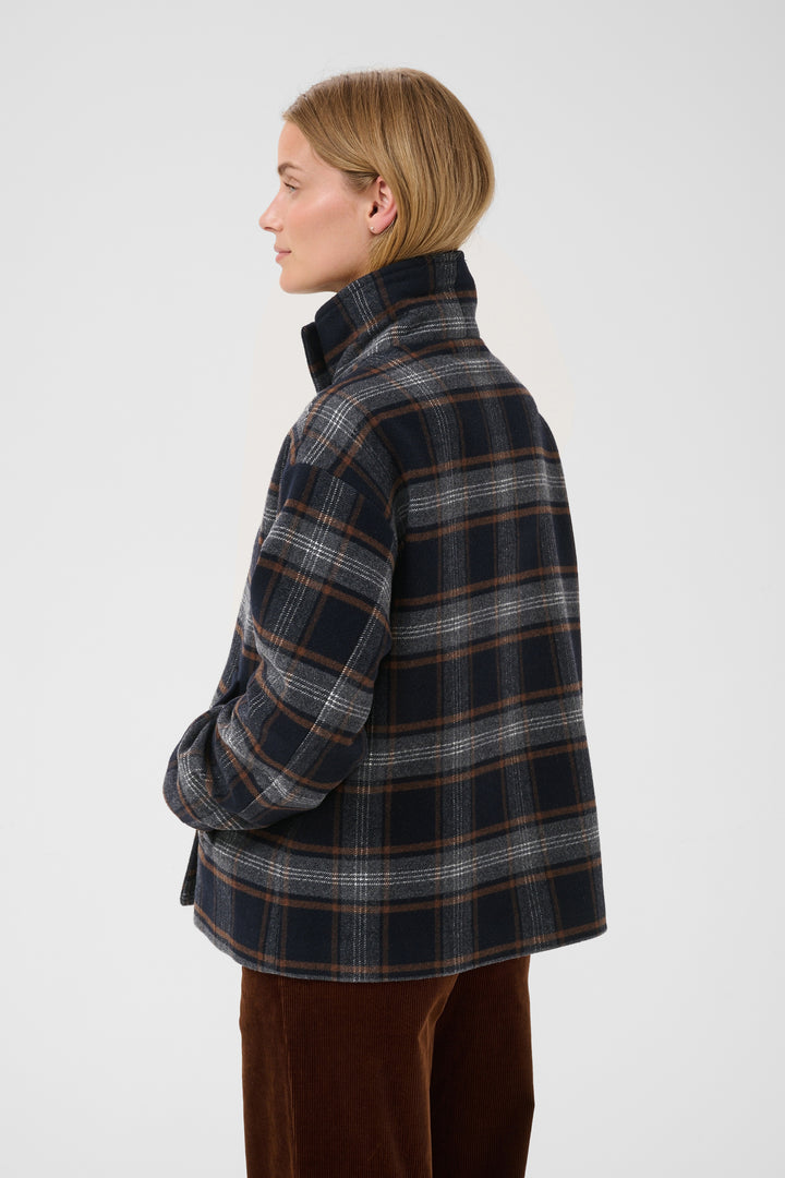 Veste en laine recyclée Celly - Motif à carreaux et col montant structuré