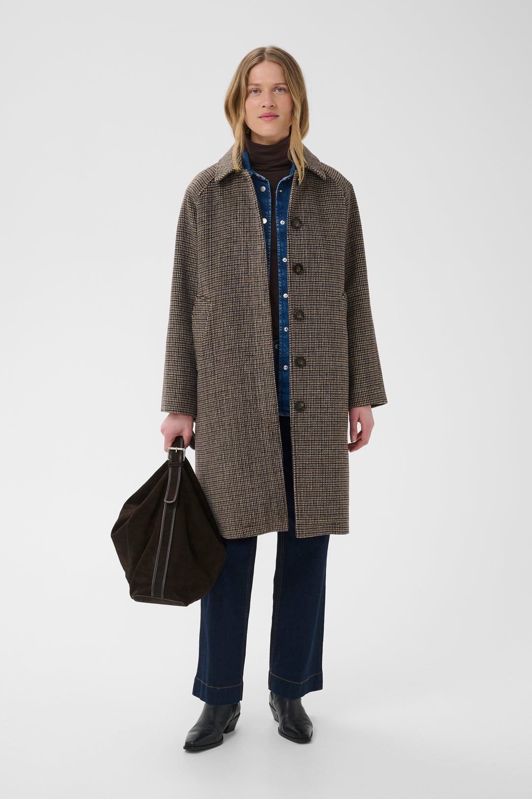 Manteau en laine recyclée Catherin - Long au motif pied-de-poule