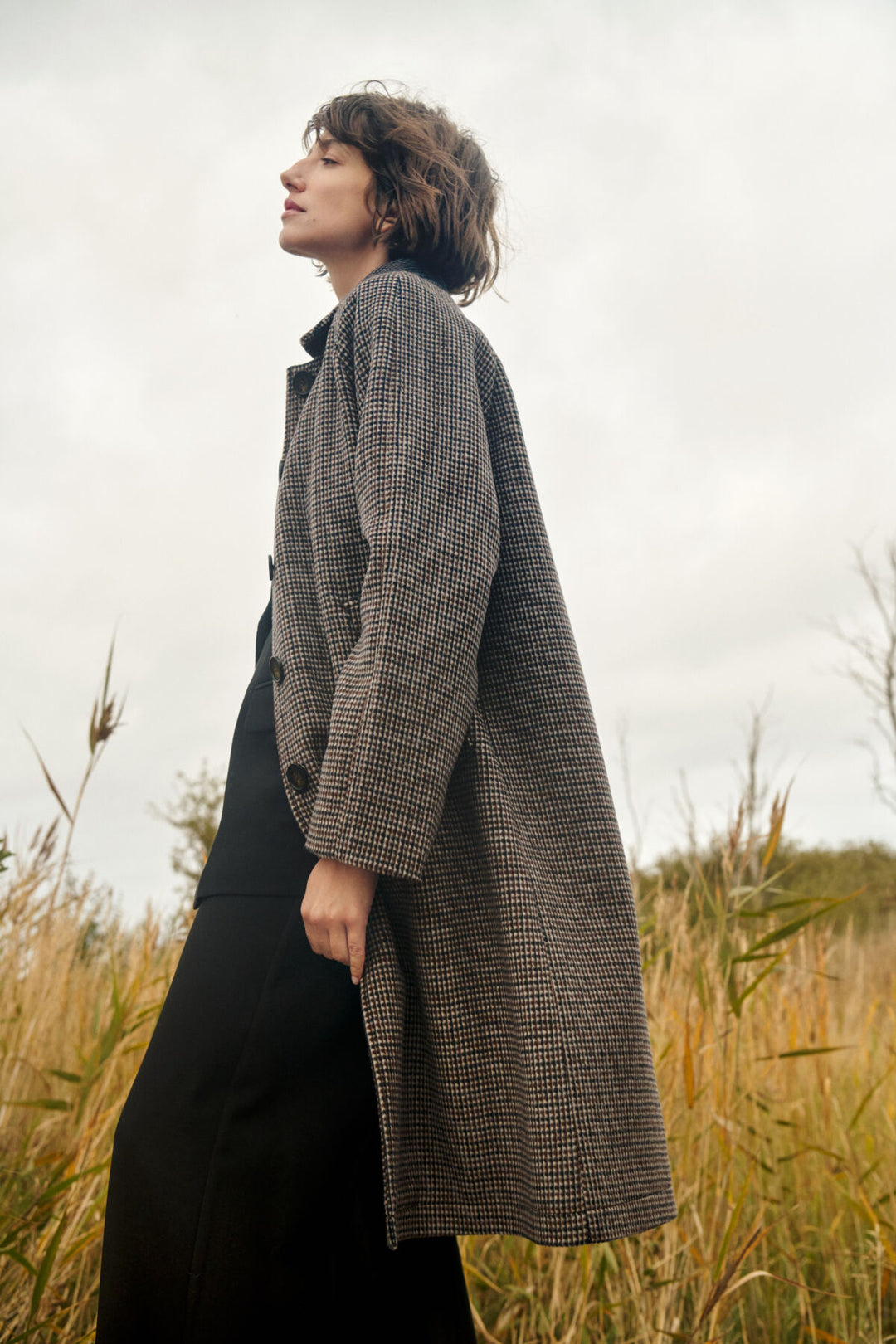 Manteau en laine recyclée Catherin - Long au motif pied-de-poule